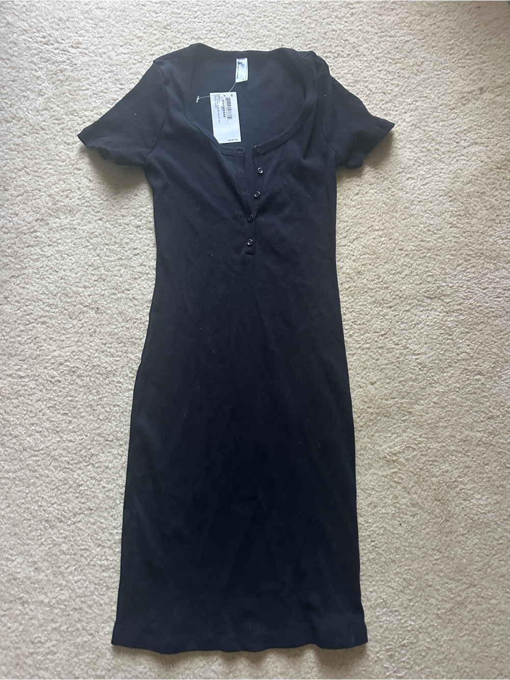 American Apparel Black Short Sleeve Button-Front Ribbed Dress